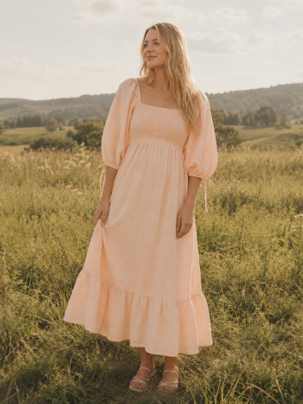 Smocked Puff-Sleeve Maxi Dress in Peach